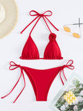 Bikini Sexy Solid Color Three Point Three Dimensional Floral Swimsuit Split Sexy