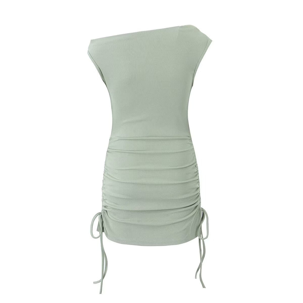 Summer Shoulder Asymmetric Sleeves Side Drawstring Bag Hip Dress Short Dress