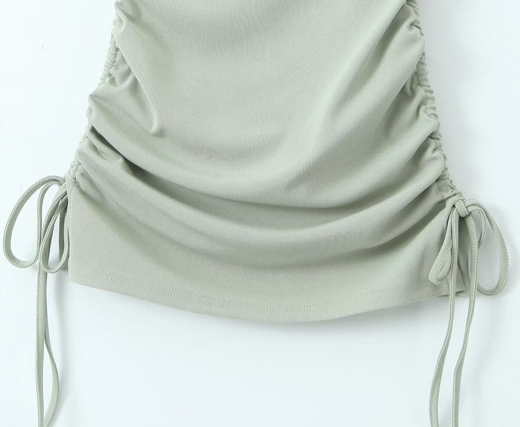 Summer Shoulder Asymmetric Sleeves Side Drawstring Bag Hip Dress Short Dress