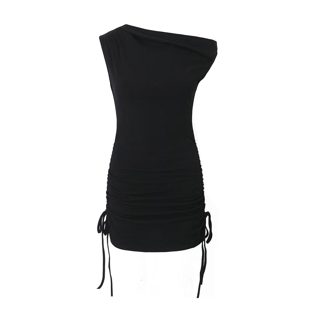 Summer Shoulder Asymmetric Sleeves Side Drawstring Bag Hip Dress Short Dress