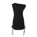 Summer Shoulder Asymmetric Sleeves Side Drawstring Bag Hip Dress Short Dress