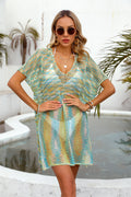 Blouse Summer Rainbow Stitching Hollow Out Cutout Loose Bikini Beach Shirt Knitwear