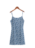 Fresh Dress Spring Summer Retro Blue Floral Slim Fitting Slip Dress