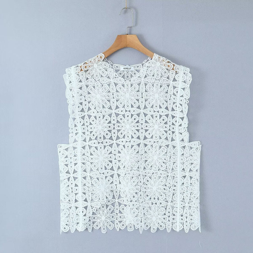 Summer Three Color Craft Floral Lace Vest Irregular Asymmetric Top