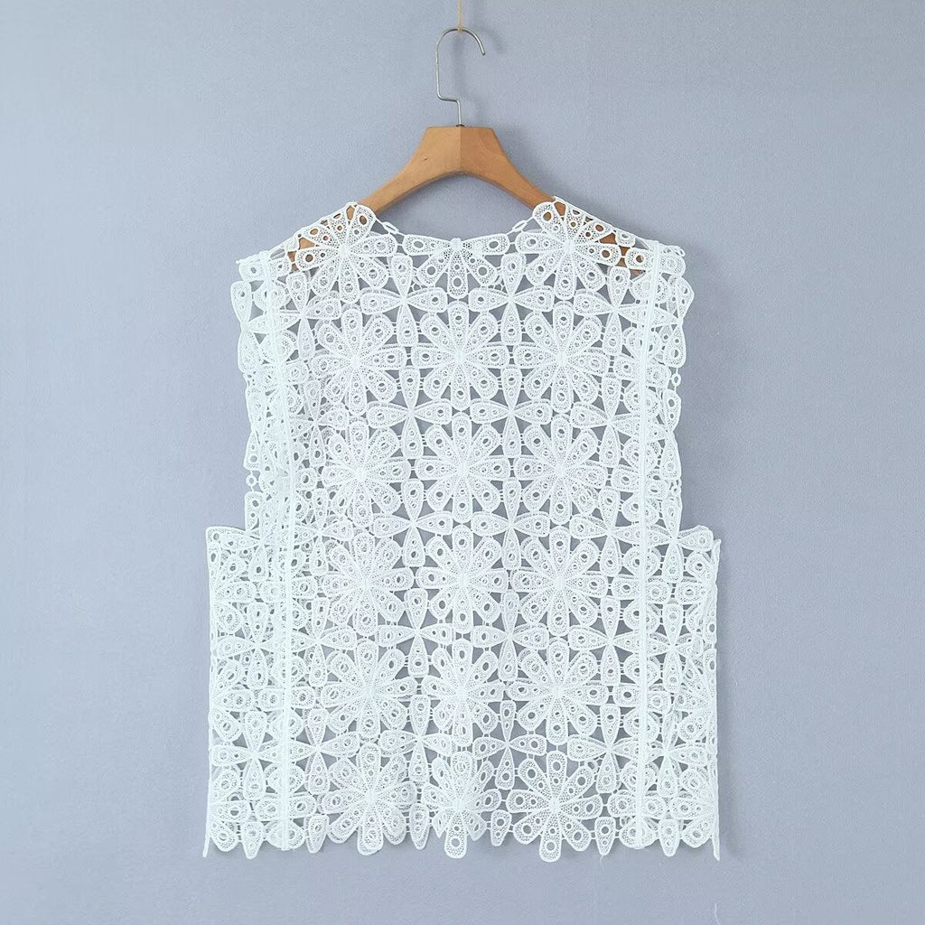 Summer Three Color Craft Floral Lace Vest Irregular Asymmetric Top
