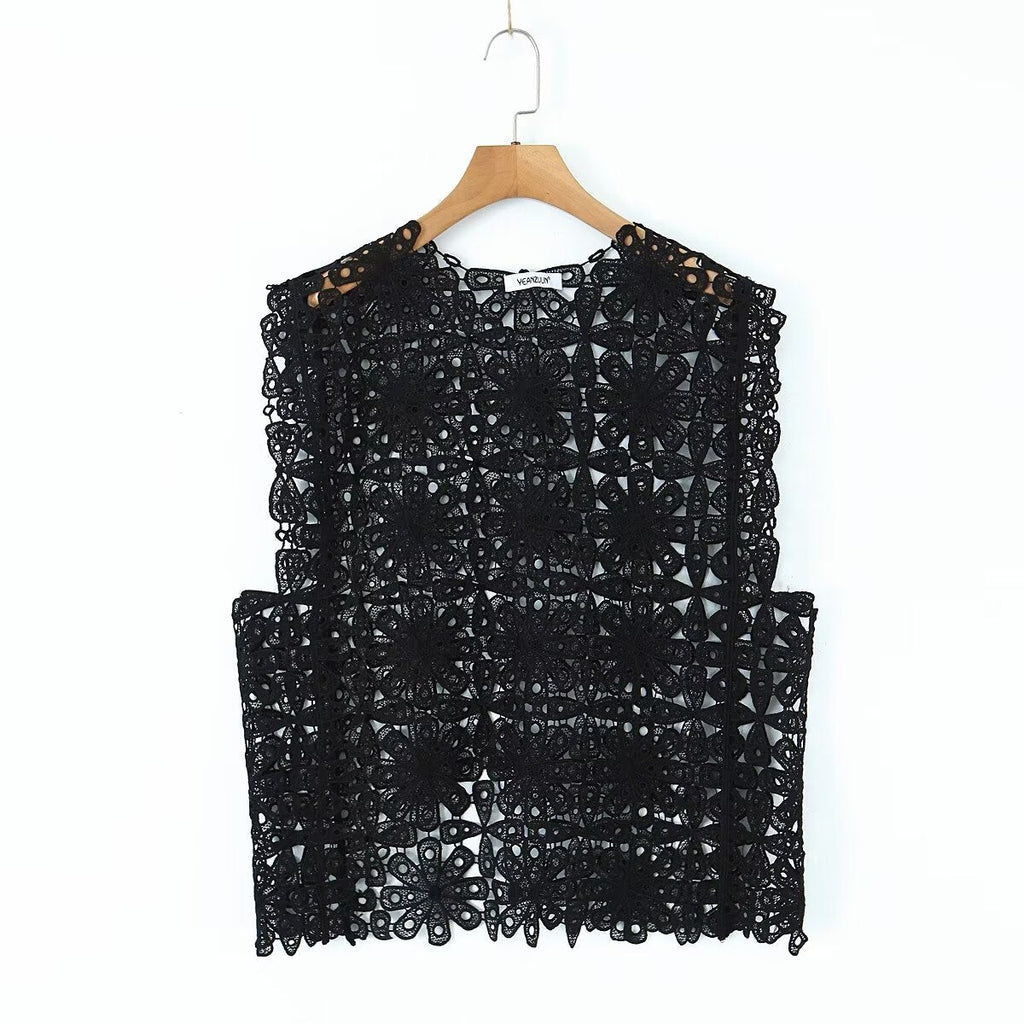 Summer Three Color Craft Floral Lace Vest Irregular Asymmetric Top