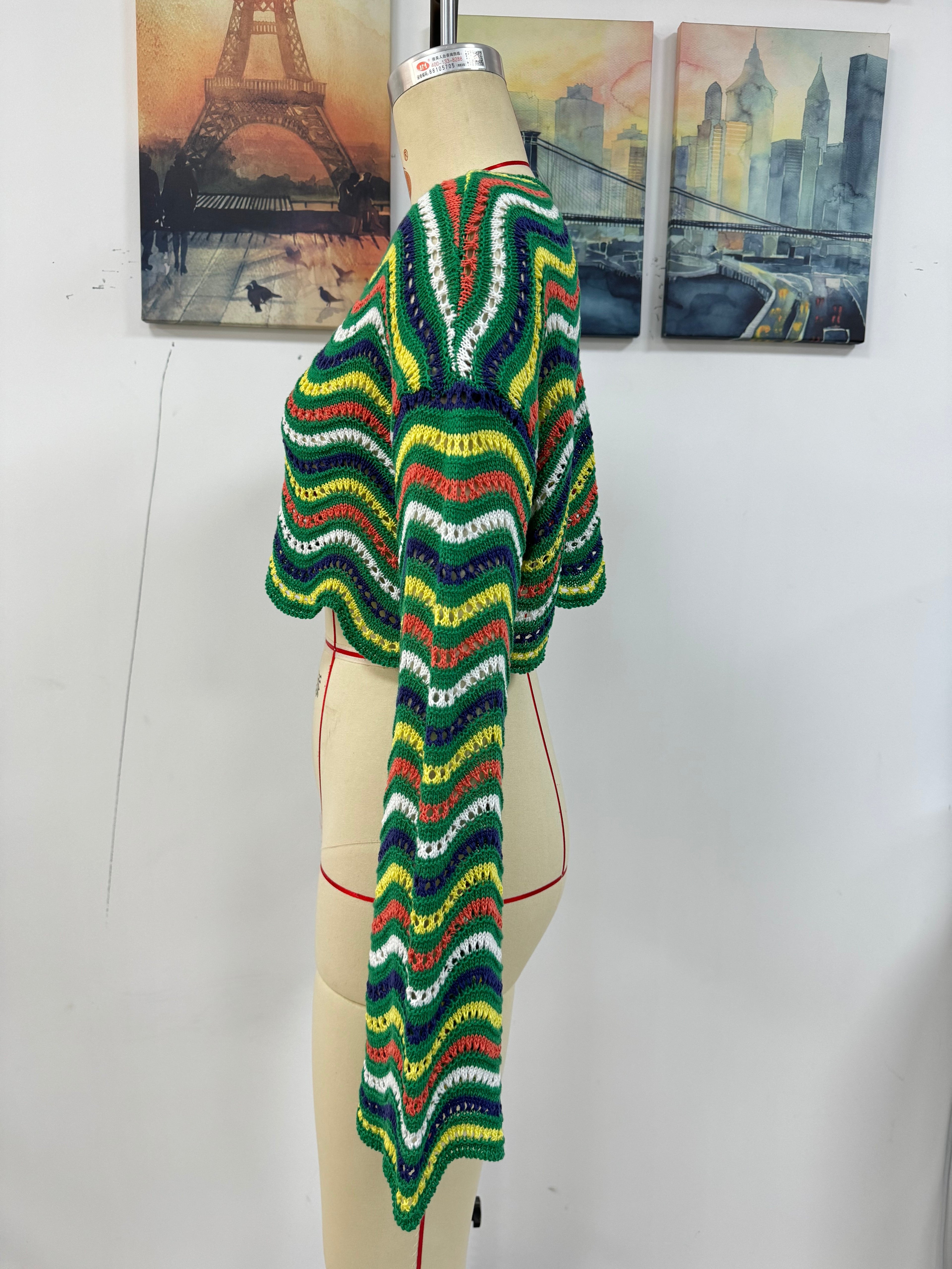 Spring Summer Stitching Loose Mixed Color Round Neck Stripes Women Knitwear