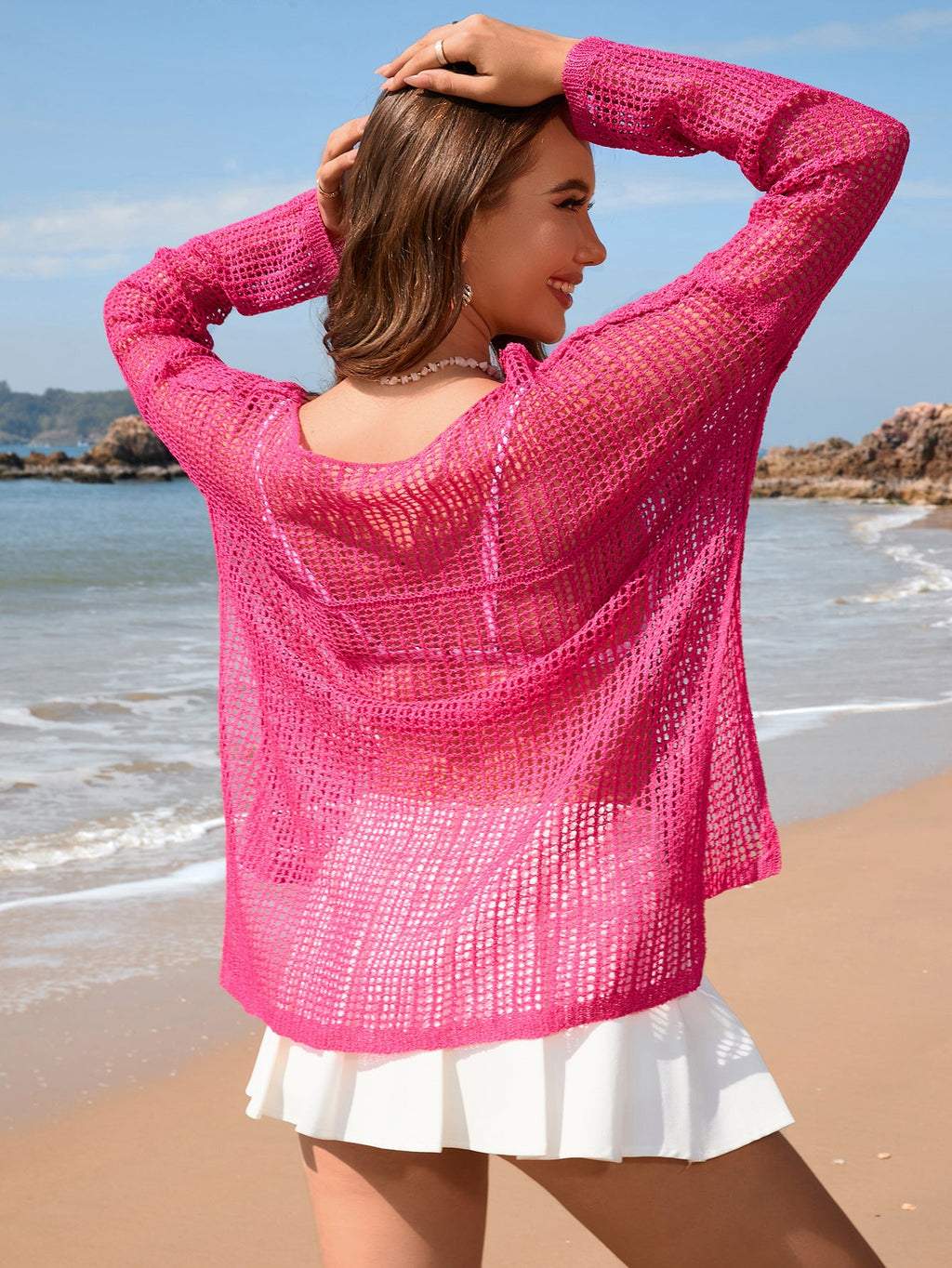 Spring Summer Blouse Solid Color Long Sleeve Knitted Vacation Split Women Knitwear