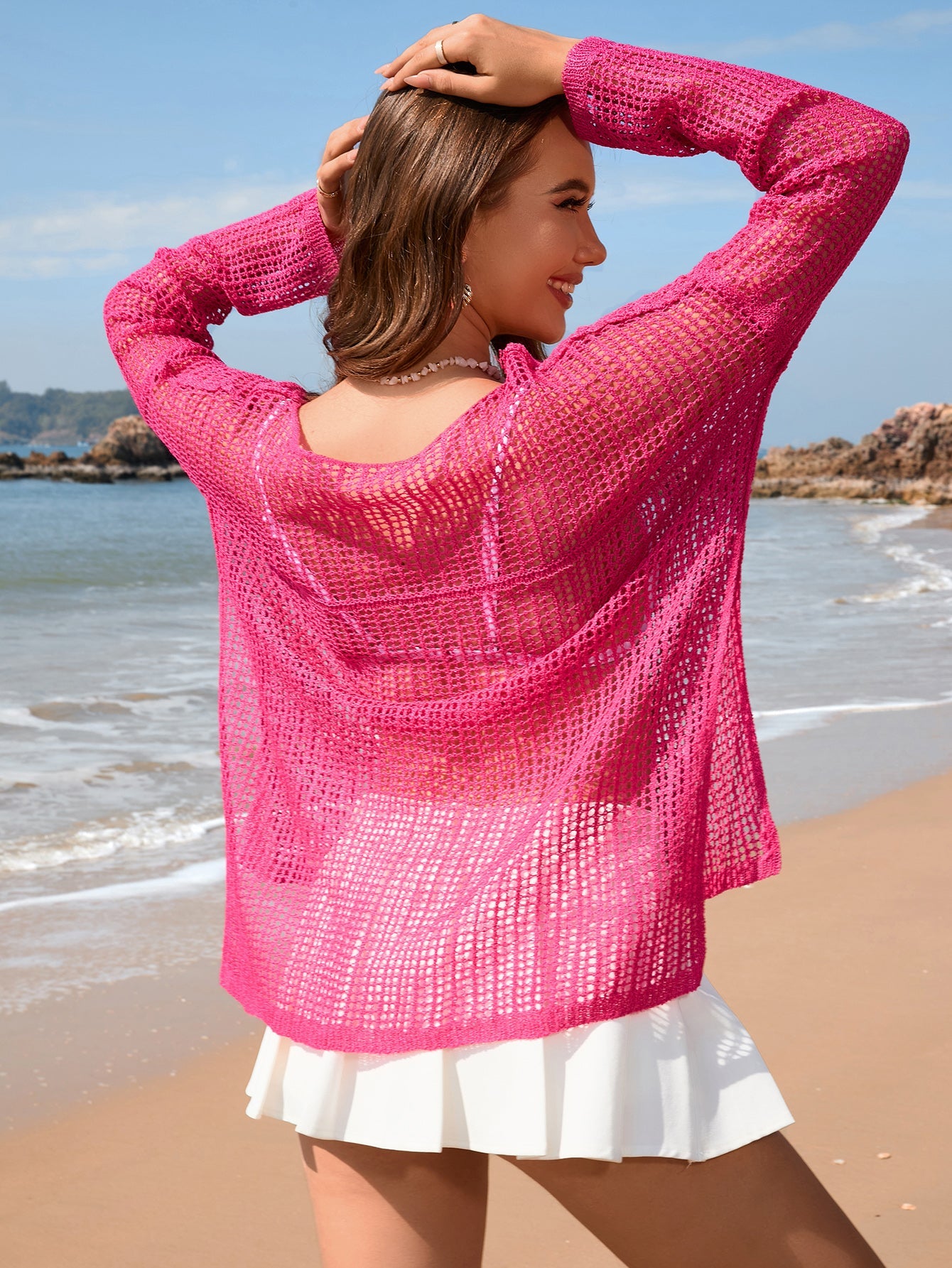 Spring Summer Blouse Solid Color Long Sleeve Knitted Vacation Split Women Knitwear