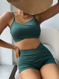 Thread Fabric Solid Color Split High Waist Bikini Boxer Swimsuit Women