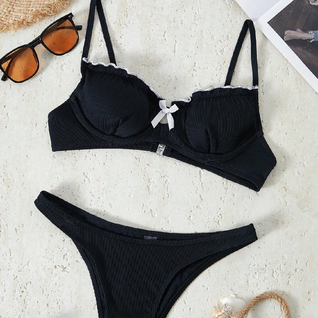 Bikinx Solid Color Contrast Binding Thin Strap Bikini Set With Underwire
