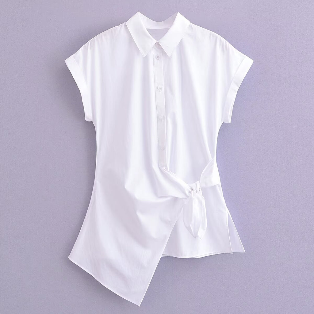 Spring Summer Type Elegant Retro Design Lace up White Shirt Poplin Shirt Women Tops