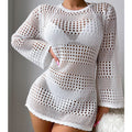 Vacation Casual Hollow Out Cutout Out Long Sleeve Pullover Solid Color Sun Protection Shirt Mid Length Beach Cover Up Crochet hook