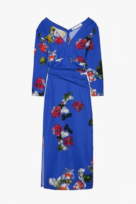 Spring Printed V neck Slimming Long Sleeves Pleated Dress Long