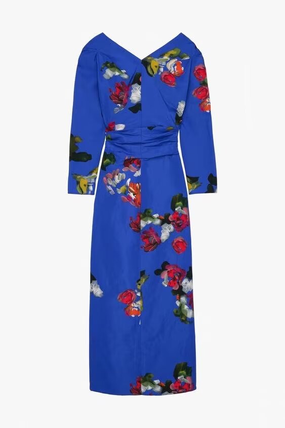 Spring Printed V neck Slimming Long Sleeves Pleated Dress Long