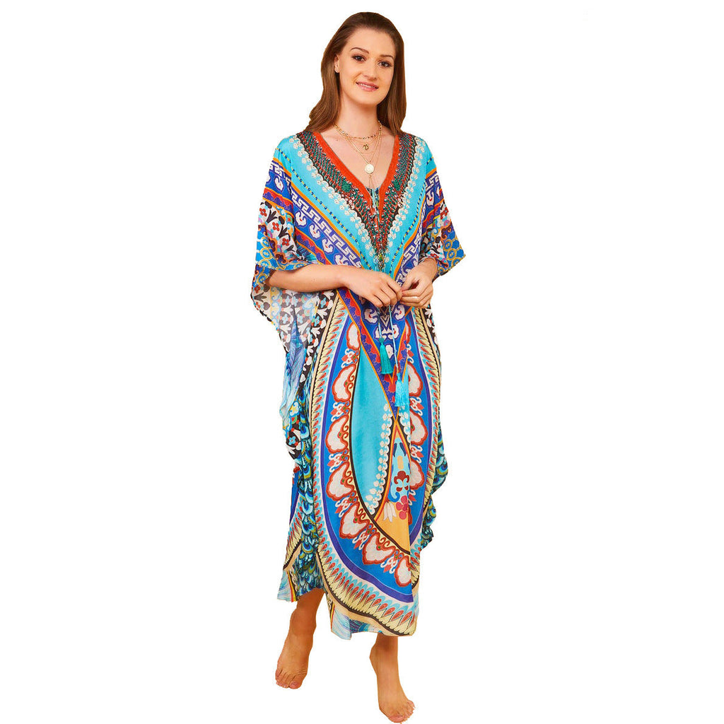 Rayon Positioning Printing Arc Hem Robe Vacation Casual Beach Bikini Sun Protection Blouse