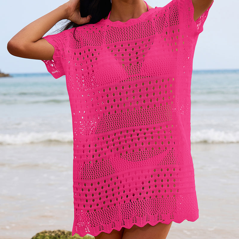 Sexy Hollow Out Cutout Texture Lace Collar Loose Pullover Mid Length Vacation Sun Protection Beach Blouse Crochet hook