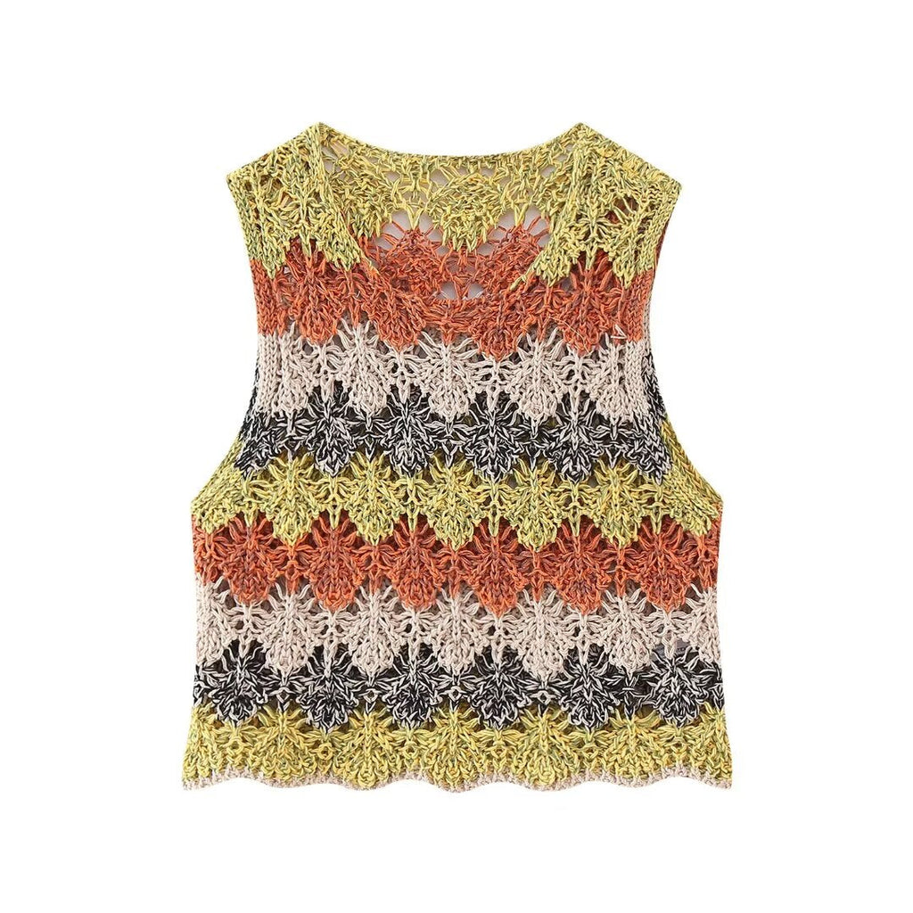 Summer Women Clothing Street Casual Hollow Out Cutout Round Sleeveless Knitwear