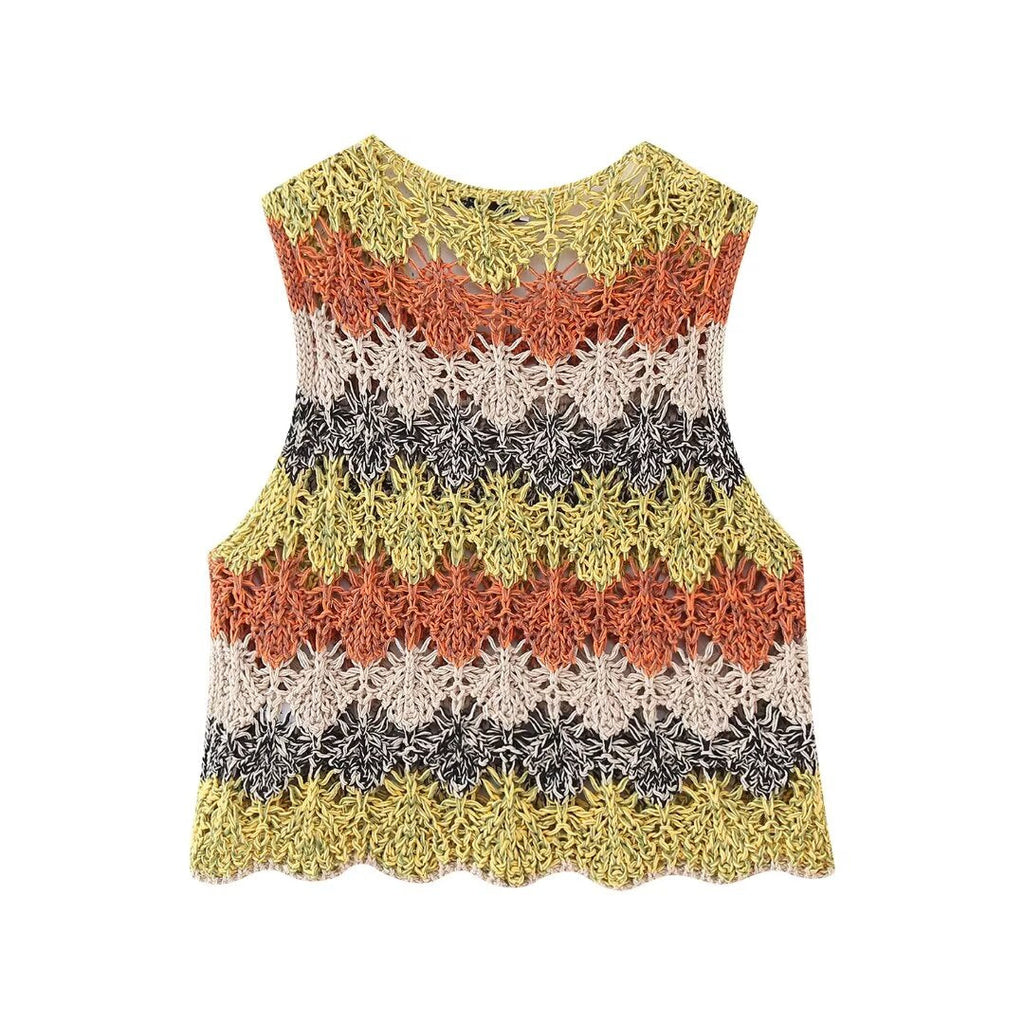 Summer Women Clothing Street Casual Hollow Out Cutout Round Sleeveless Knitwear