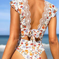 Bikinx Women Floral Printed Halter One Piece Swimsuit With Back Tie And Ruffle Trim