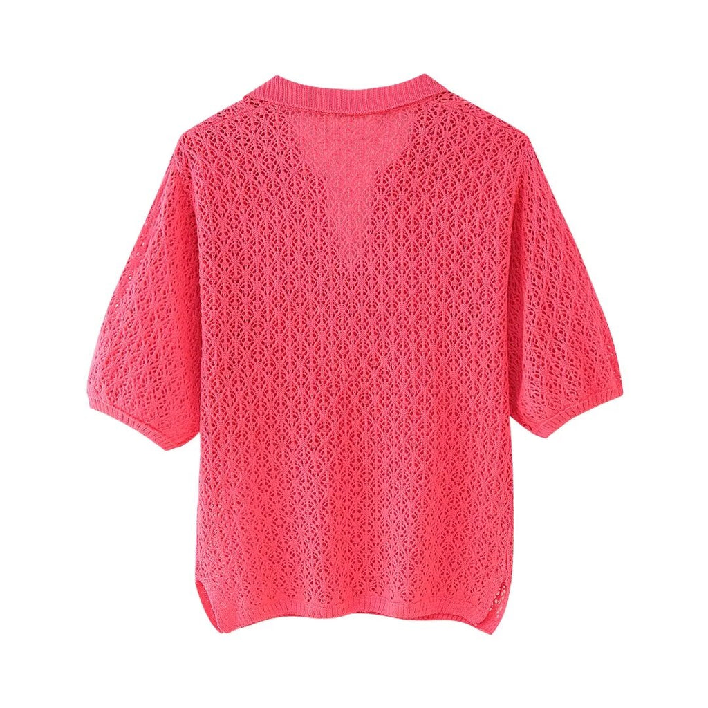 Women Clothing Summer Jacquard Mesh Loose Polo Collar Knitwear