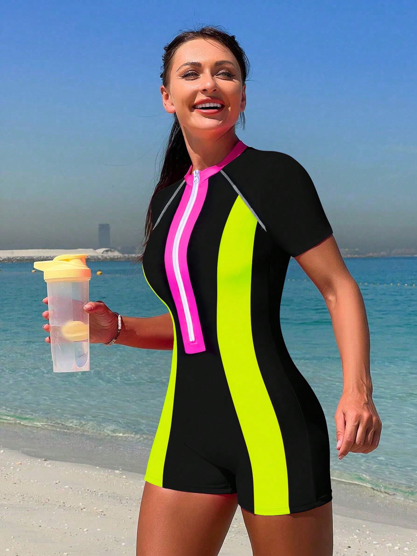 Bikinx Summer Beach Zipper Short Sleeve Surfing Contrast Neon Panel One-Piece Bathing