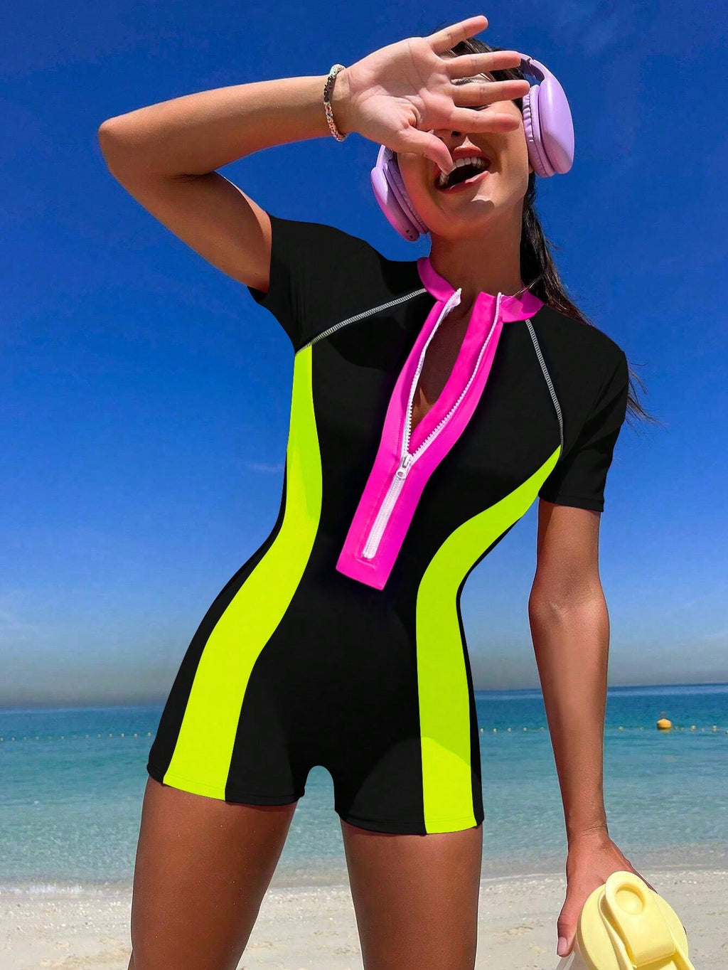 Bikinx Summer Beach Zipper Short Sleeve Surfing Contrast Neon Panel One-Piece Bathing
