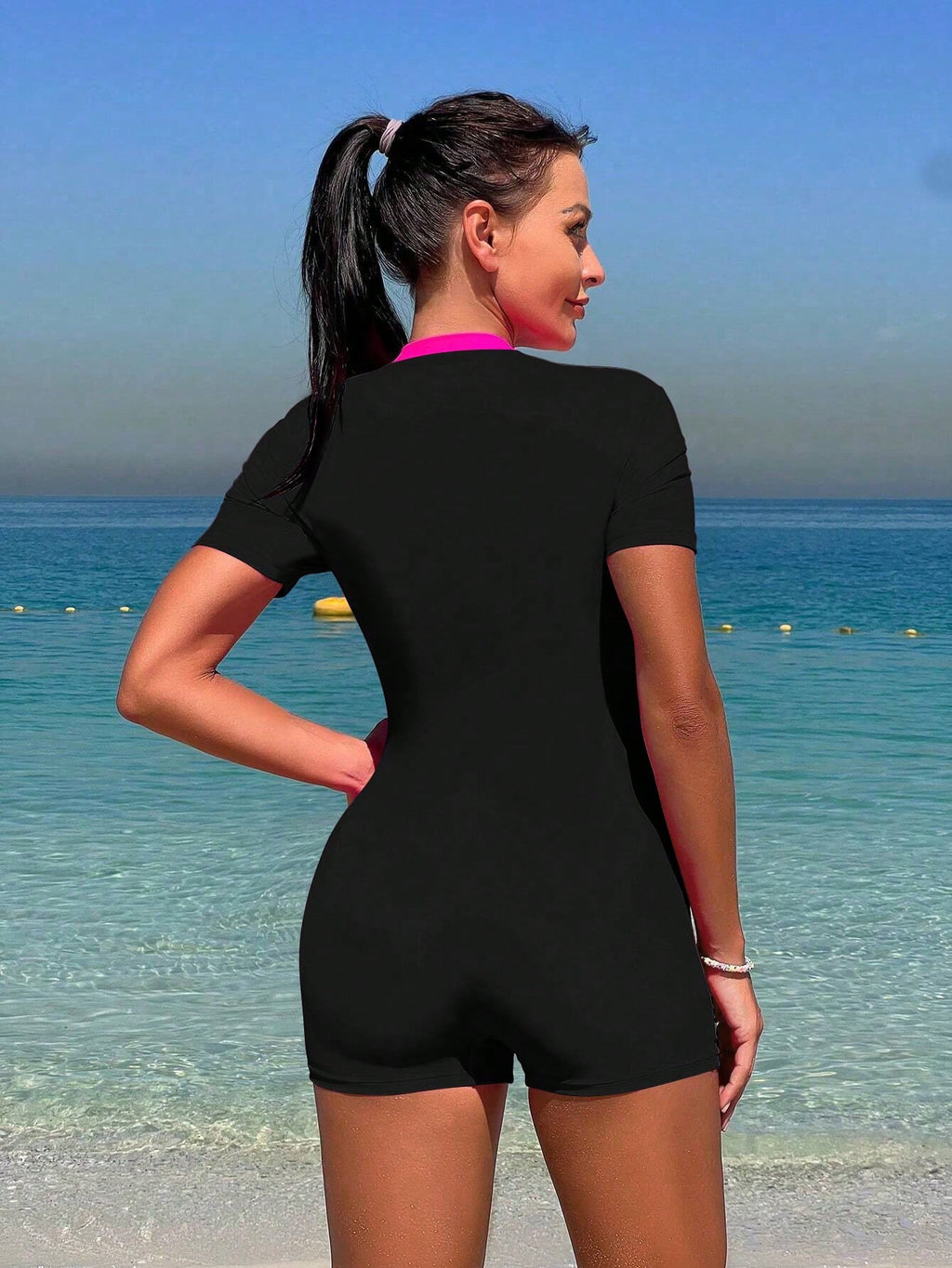 Bikinx Summer Beach Zipper Short Sleeve Surfing Contrast Neon Panel One-Piece Bathing