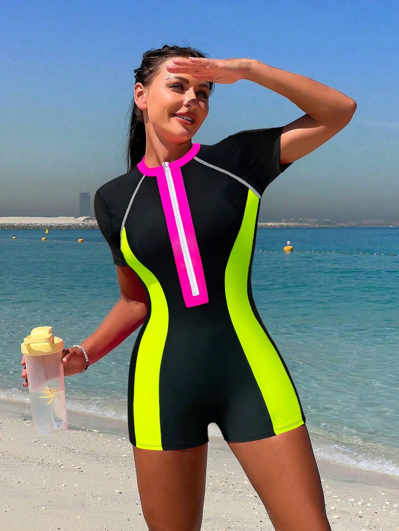 Bikinx Summer Beach Zipper Short Sleeve Surfing Contrast Neon Panel One-Piece Bathing