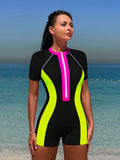 Bikinx Summer Beach Zipper Short Sleeve Surfing Contrast Neon Panel One-Piece Bathing