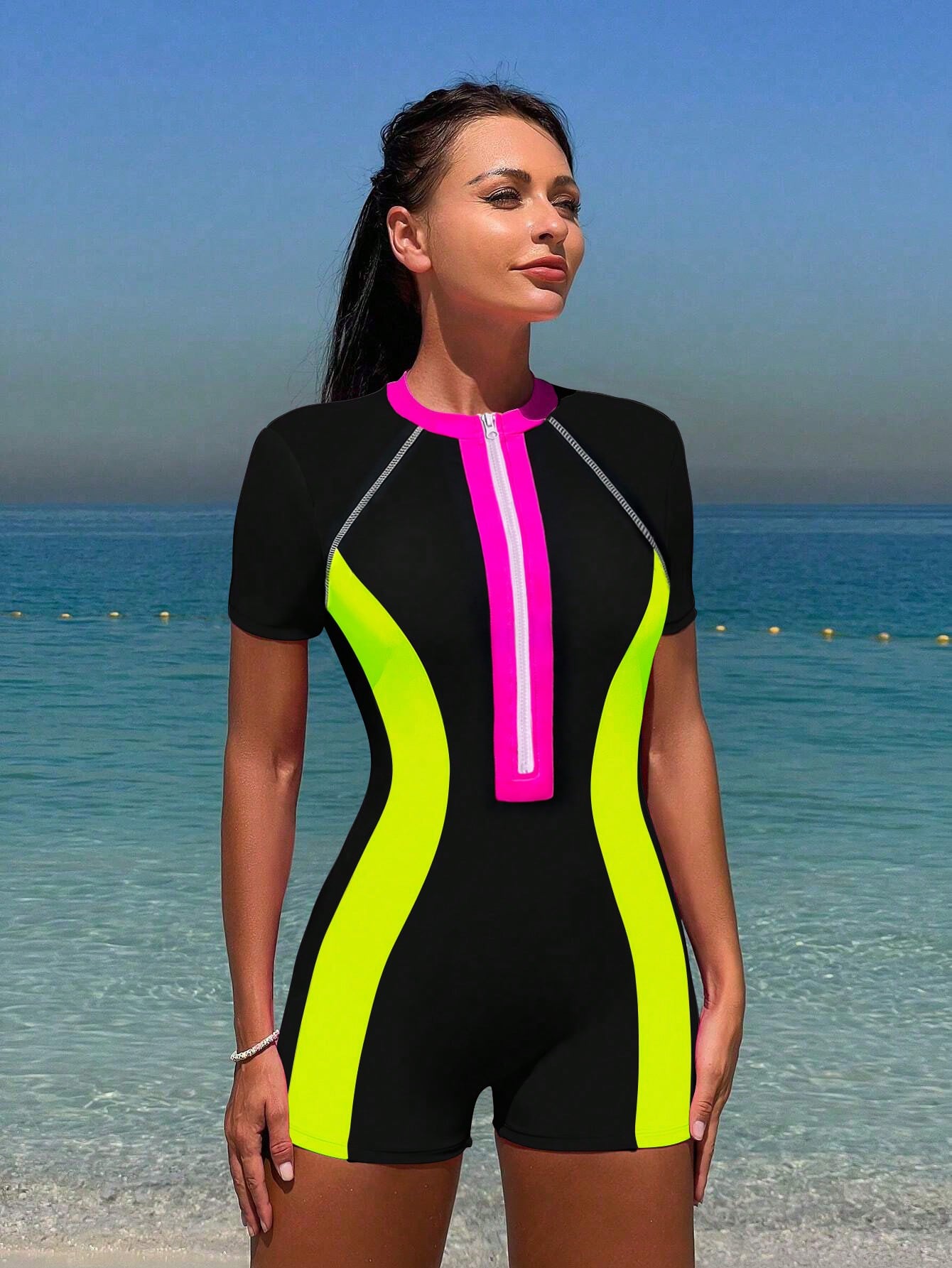 Bikinx Summer Beach Zipper Short Sleeve Surfing Contrast Neon Panel One-Piece Bathing