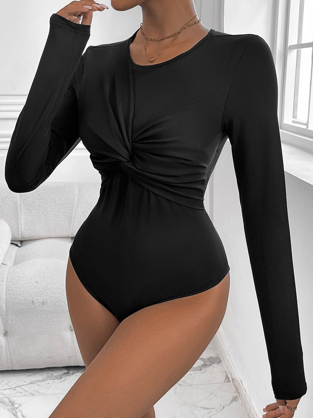 Fall Women Clothing Black Twisted round Neck Jumpsuit
