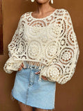 Women Summer Vacation Long Sleeve Solid Short Top Crochet hook