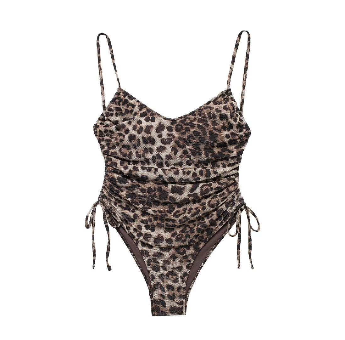 Summer Animal Pattern Printing Silk Net Pleated Decoration Slim Swimsuit