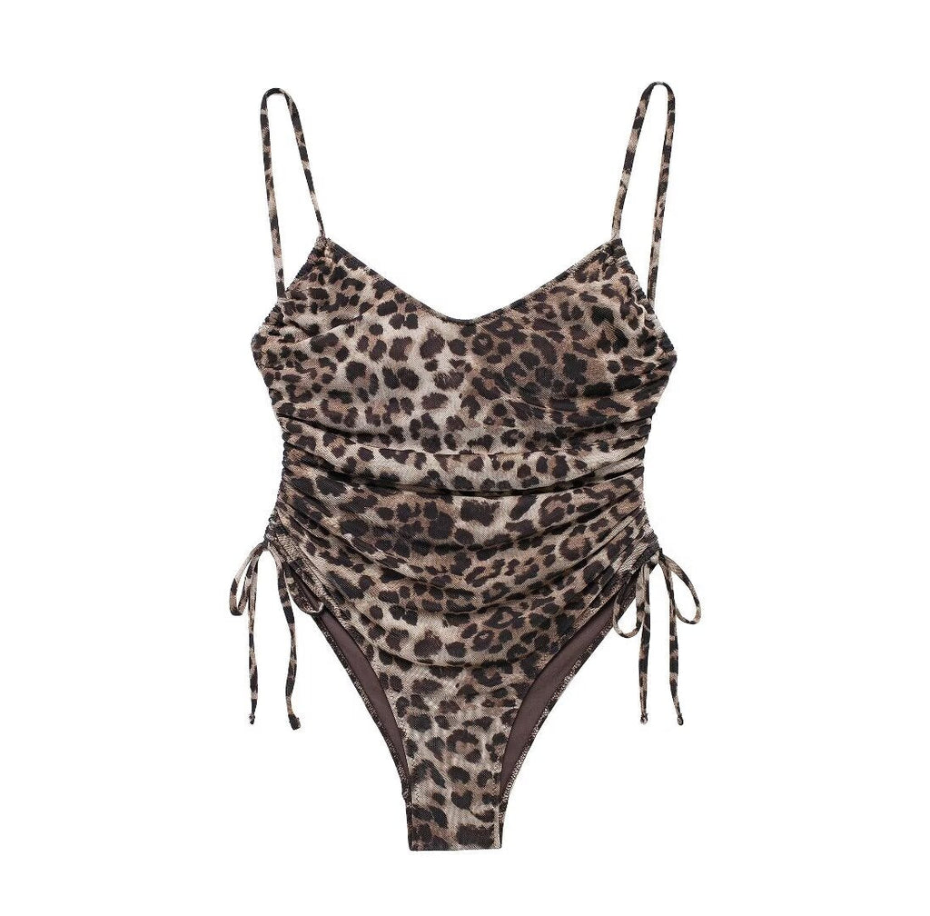 Summer Animal Pattern Printing Silk Net Pleated Decoration Slim Swimsuit