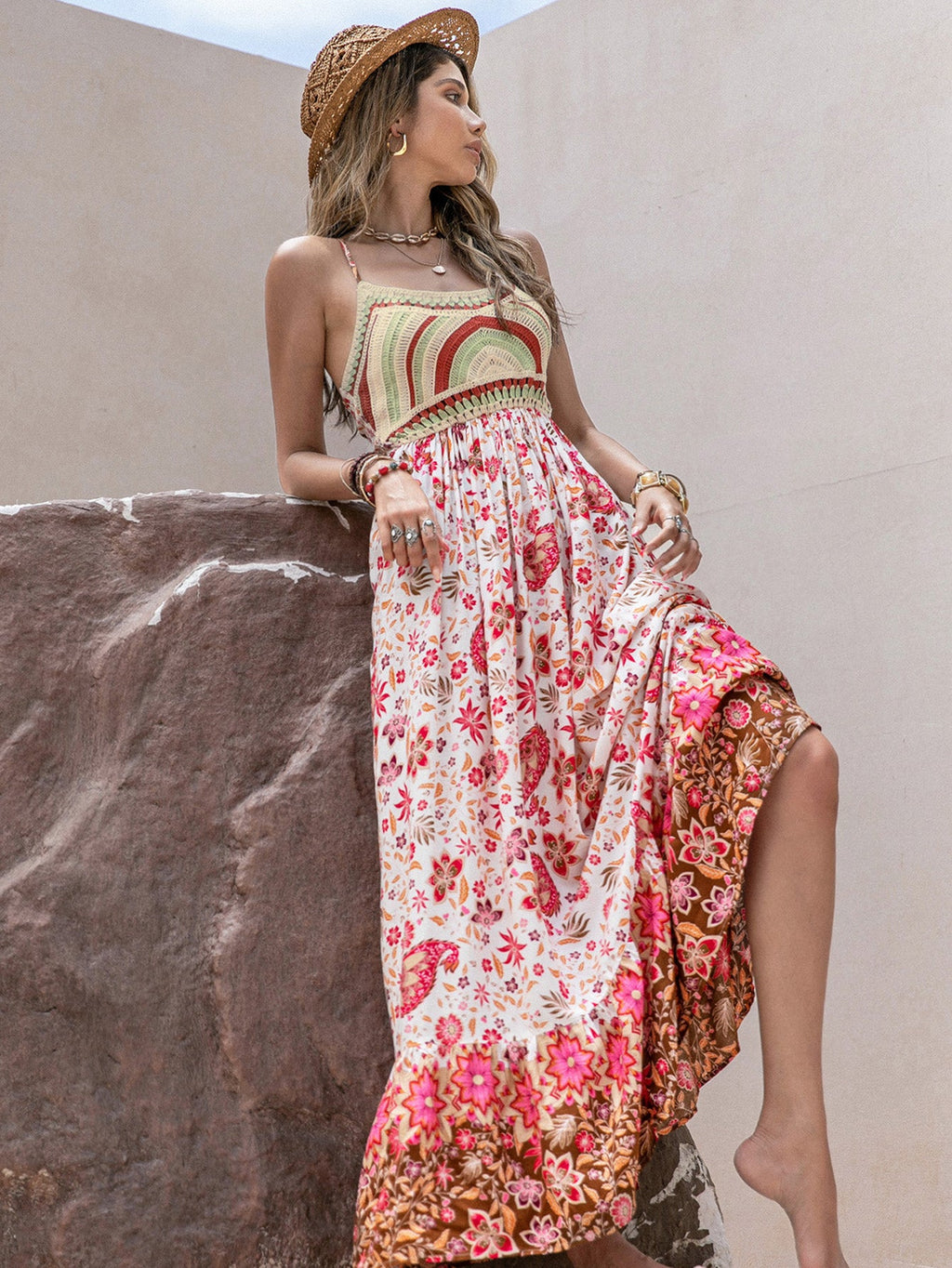 Batch Sweet Spaghetti Strap Floral Print Holiday Dress Maxi Dress Women