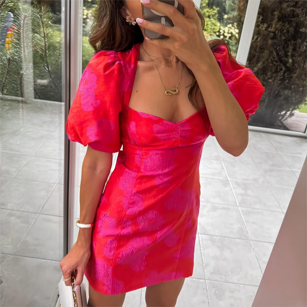 Sexy Square Neck Puff Sleeves Jacquard Dress Cross Backless Slim Fit Hip Wrapped Sexy Dress