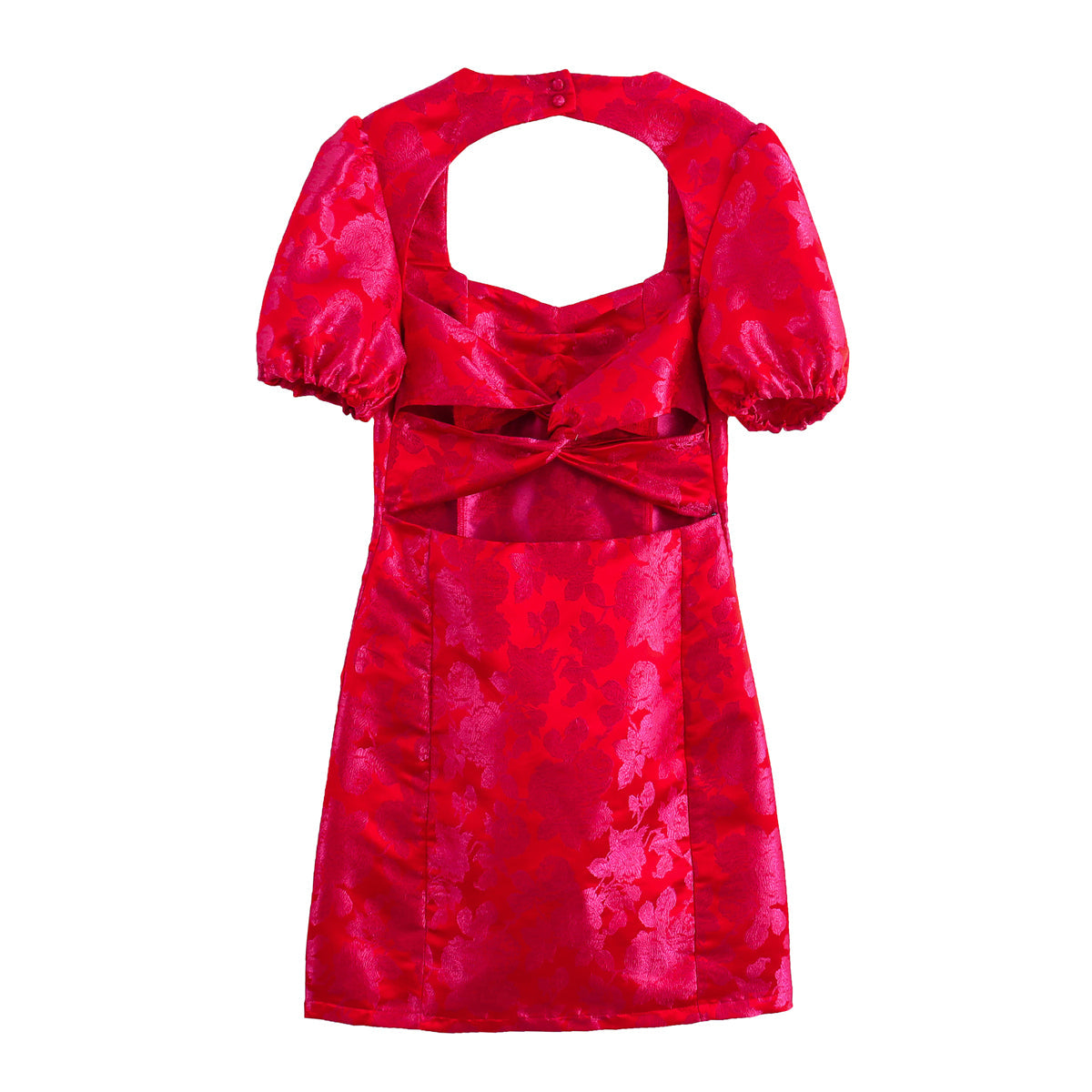 Sexy Square Neck Puff Sleeves Jacquard Dress Cross Backless Slim Fit Hip Wrapped Sexy Dress
