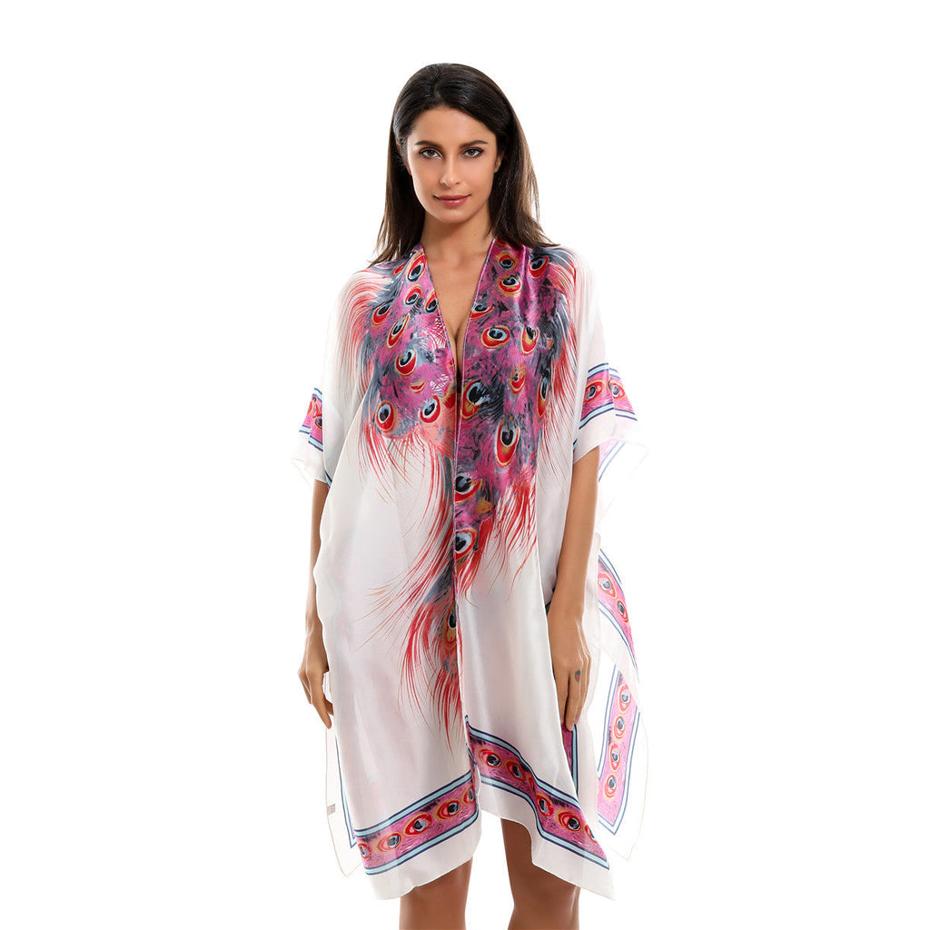 Spring Summer All Match Feather Pattern Bikini Sun Protective Blouse Swimwear Cover up