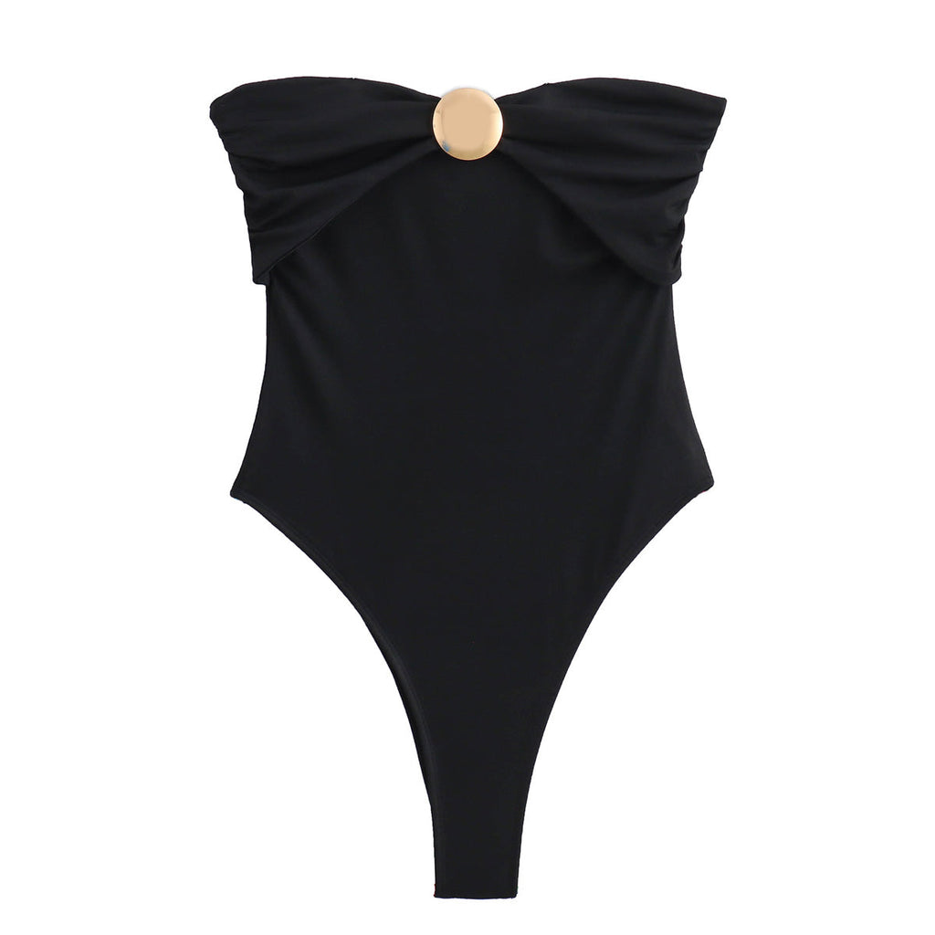 Fall Women Street Metal Trim off Neck One Piece Swimsui