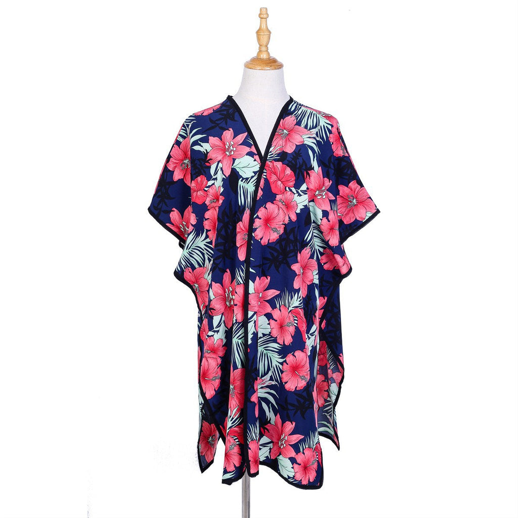 Floral Print Mid Length Chiffon Beach Sun Protection Blouse Coat