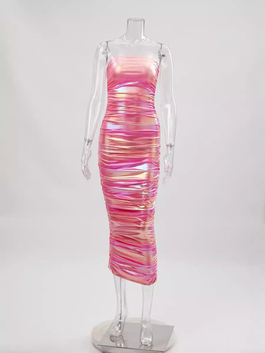 Fluorescent Dress Sexy Party Tube Top Pleated Dress Women Clothing