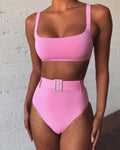 Solid Color High Waist Sexy Imitation Diamond Bikini Split Swimsuit Swimwear