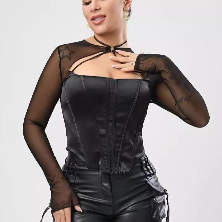 Club Wear Micro Elastic Satin Mesh Stitching Bone Hollow Out Cutout Zipper Sexy Short Top