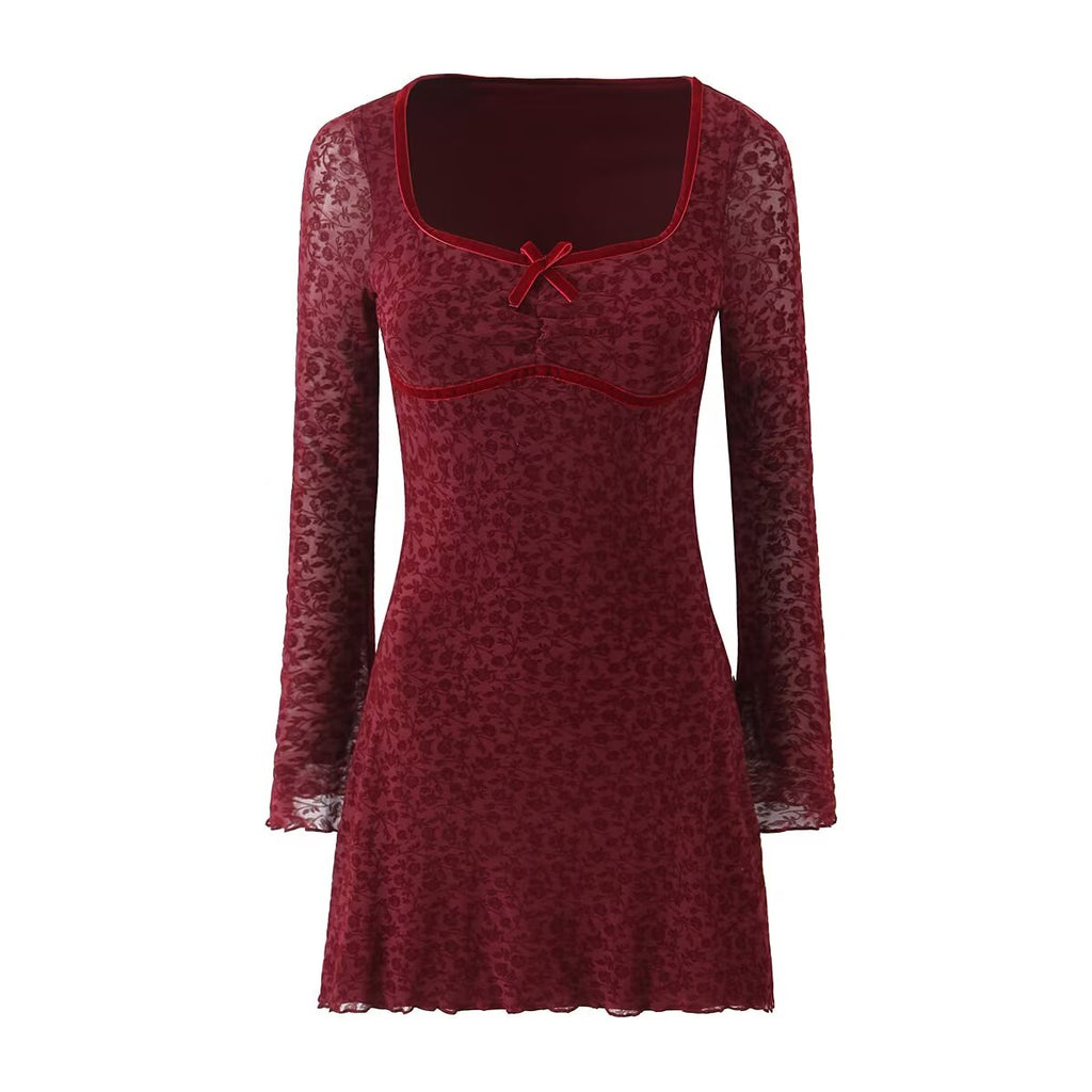 Retro Flocking Jacquard Long Sleeve Dress Women Autumn Winter French Sexy Skinny Sheath Mesh dress