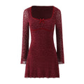 Retro Flocking Jacquard Long Sleeve Dress Women Autumn Winter French Sexy Skinny Sheath Mesh dress