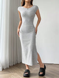 Women Clothing Summer round Neck Short Sleeve Backless Sexy Slit Dress