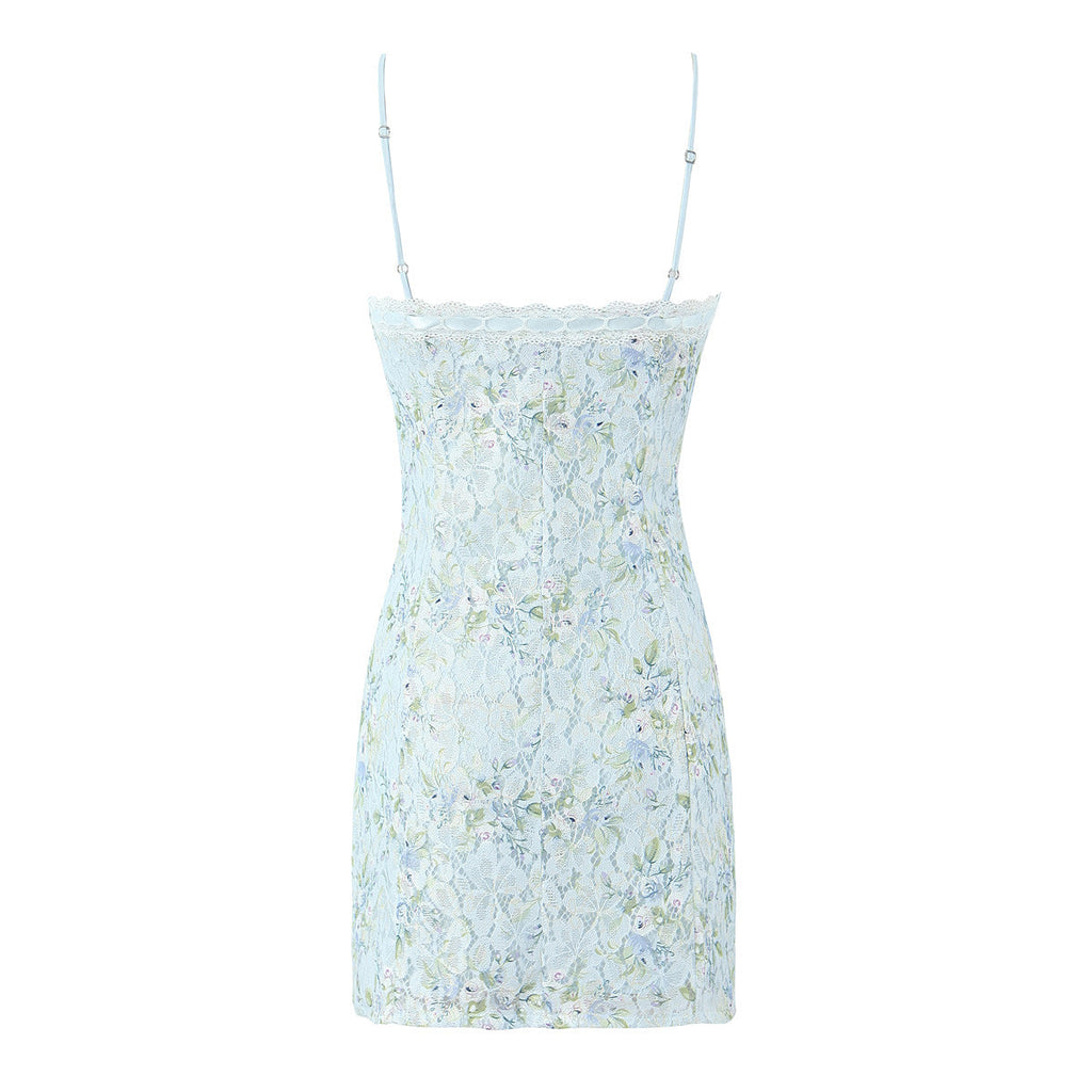 Sweet Printed Chic Lace Splicing Sling Mini French Sexy Slim Fit Short Hip Dresses