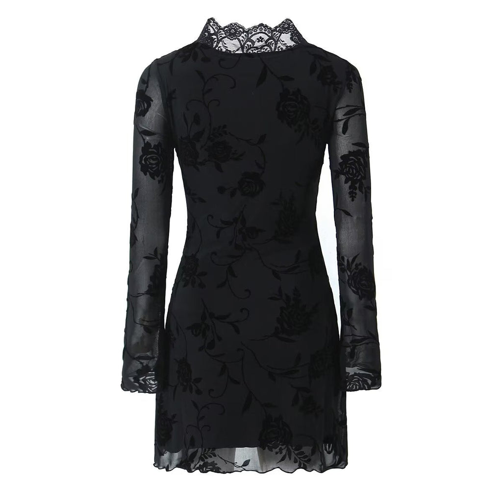 Fall Black Rose Lace Trim Dress Women Clothing