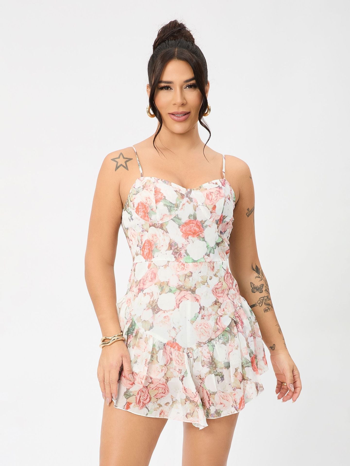 Floral Summer Adjustable Shoulder Strap Ruffled Hem Sexy Mini Dress